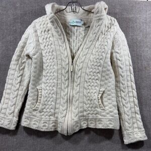 Original Aran Co Merino Wool Cable Knit Zip Hoodie Cream XS Small Read